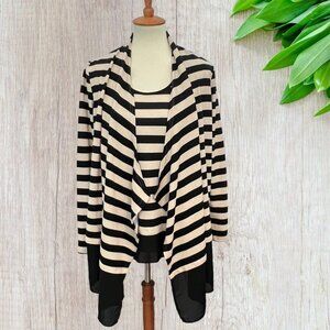 Vtg Liz Lange 2 Piece Knit Open Cardigan and Top PS Black Beige Striped Stretch